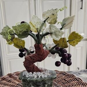 Vintage Jade & Quartz Gemstone Bonsai Tree Grape Home Decor Feng Shui 6.5”
